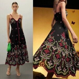 Charo Ruiz Mutti Black Floral Embroidered Eyelet Ibiza Midi Dress Size XS
